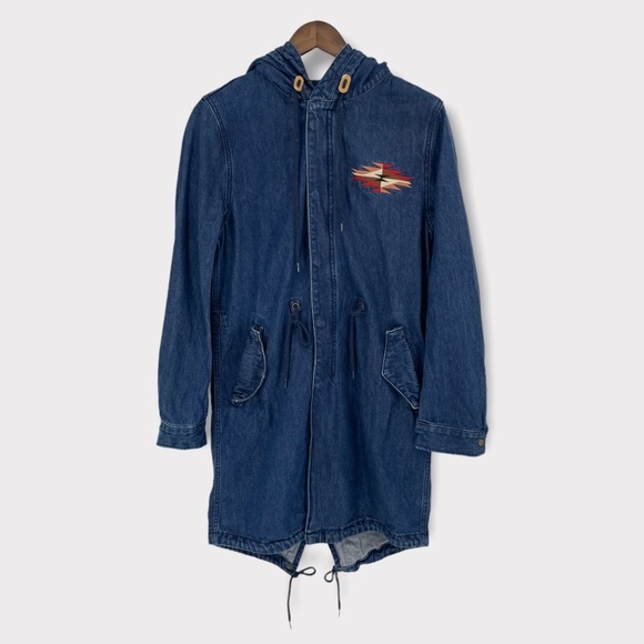MOUSSY Blue Denim Southwestern‎ Embroidered Hooded Parka Jacket - Picture 1 of 12